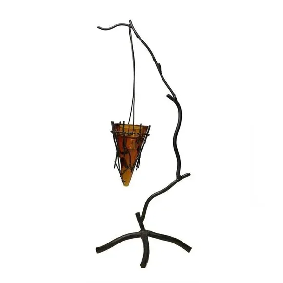 Vintage Mid Century Modern Wrought Iron Tree w/Amber Glass Cone Candle Holder - Picture 8 of 11